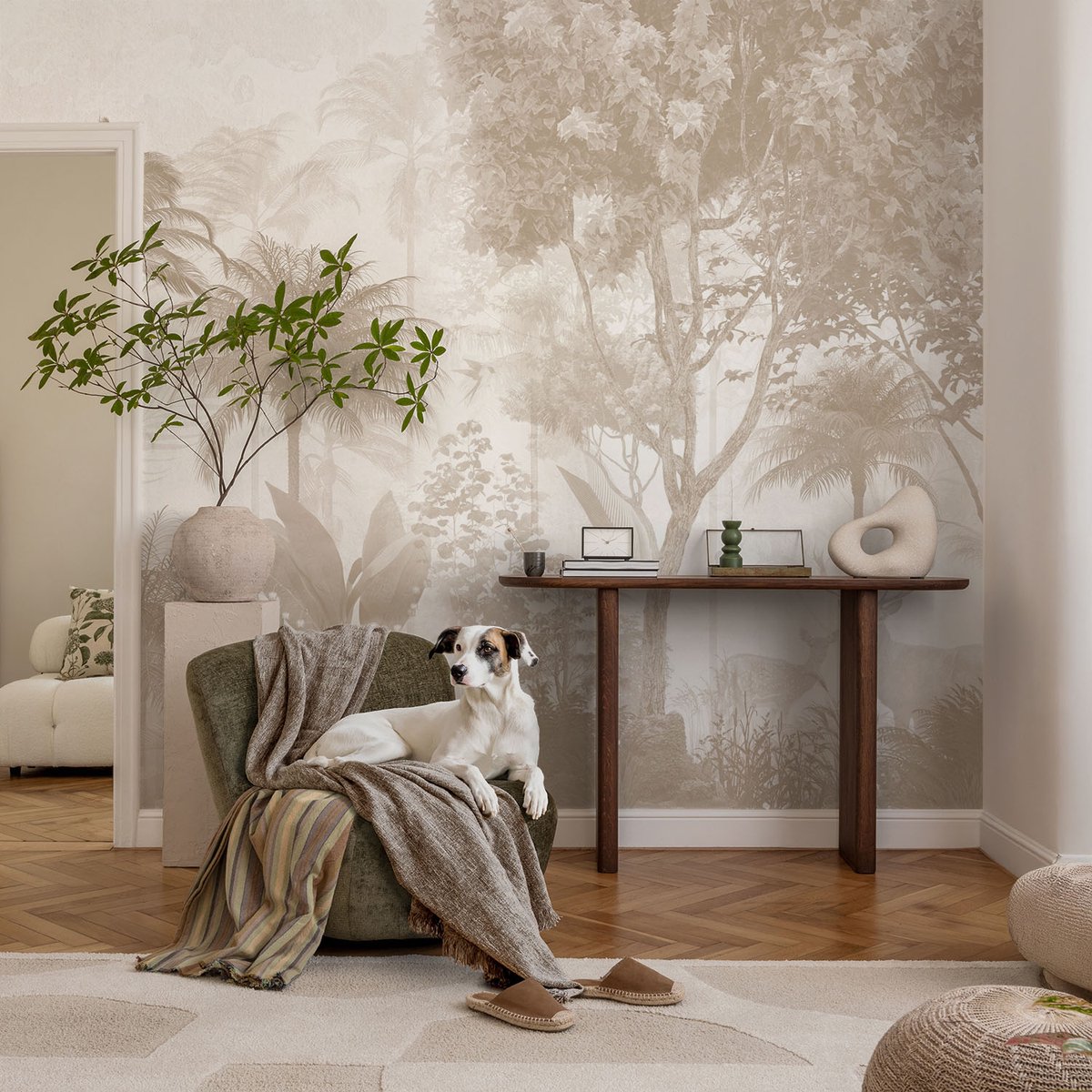 Coloray Vliesbehang - Beige Snellijm Behang - 104x70 cm - Tropisch Landschap Fotobehang Vlies - Woonkamer behang Bloemen En Planten - Muurschildering - Woonkamer behang