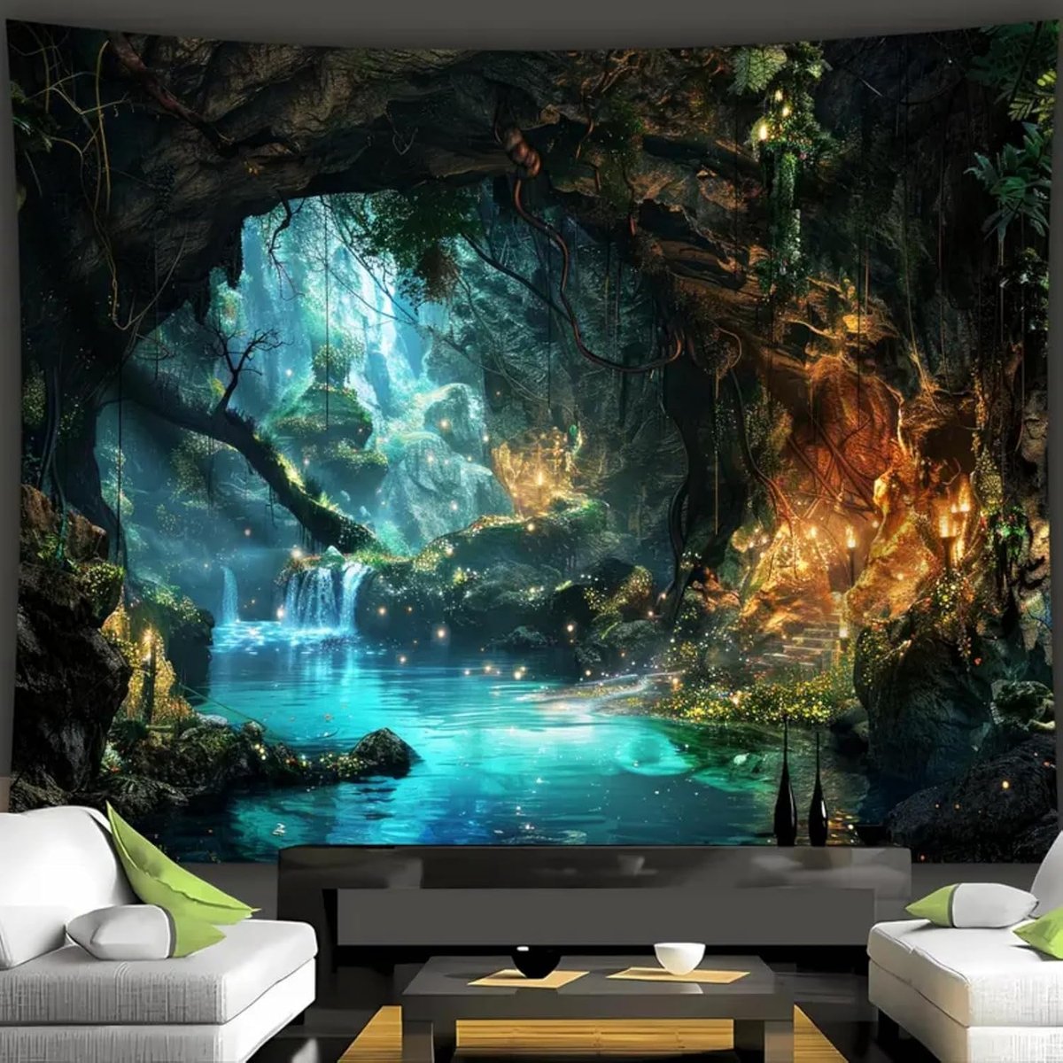 Wandtapijt magisch bos, mystieke waterval en lichtgevende paddenstoeldesign wanddoek, wandtapijten esthetische decoratie woonkamer slaapkamer, 150 x 130 cm