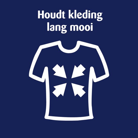 Blauwe achtergrond met witte tekst 'Houdt kleding lang mooi' en een t-shirt met pijlen naar binnen gericht.