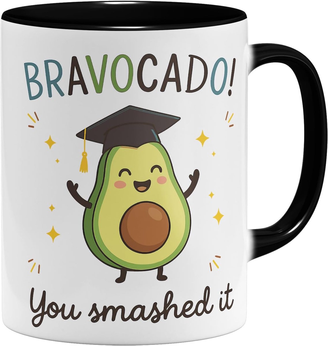 Grappige avocado koffiemok met spreuk - Bravocado You Smashed It - felicitatie afronding geslaagd examen - keramische mok - 325 ml - dubbelzijdig bedrukt - zwart