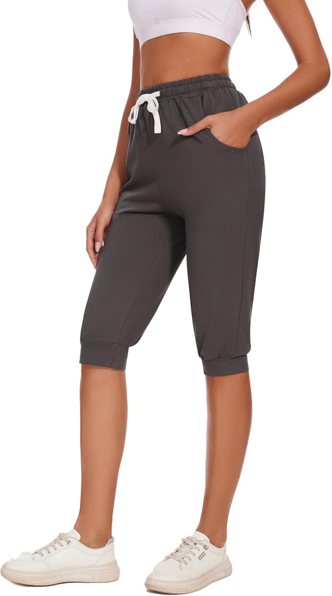 Joggingbroek voor dames, 3/4 sportbroek, zomer, katoen, capribroek, sweatbroek, loopbroek, vrijetijdsbroek, sport, fitness, yogabroek met zak