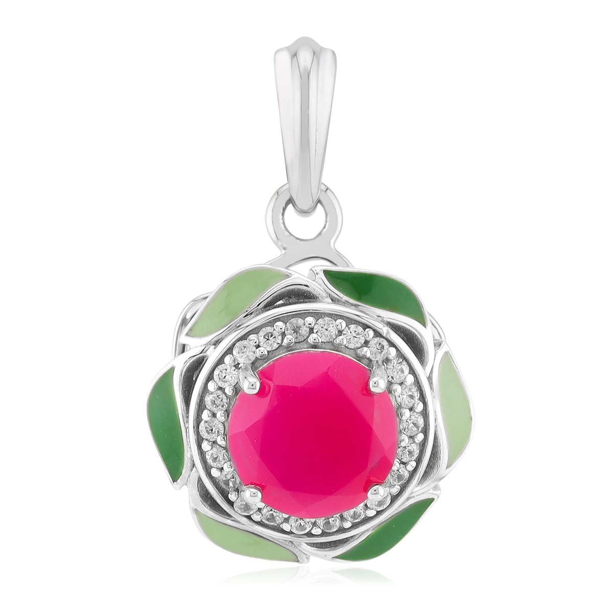 Cavill - Zilveren Bloemvormige Hanger met 1,205 ct Frambozen Chalcedoon en 0,115 ct Zirkonen - 925 Sterling Zilver Geplatineerd - Elegant