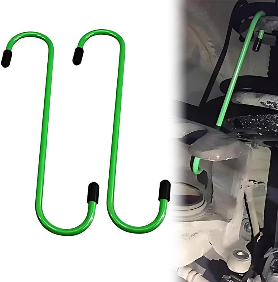 2 stuks S-vormige remklauwhaken, ophanggereedschap, haken, ophangschijf, remklauwhanger, remklauwhaak, rubberen punt (groen)