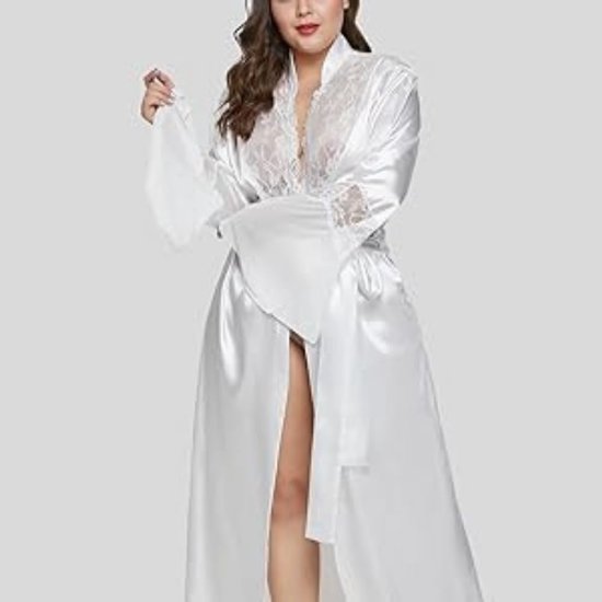 Sexy Lange Kimono Ochtendgewaad Satijnen Ochtendjas Kant V-hals Badjas Sheer Mesh Babydoll Doorzichtige Bikini Cover Up Transparante Mouw Patchwork Lingerie Bruid Bruidsmeisje — afbeelding 3