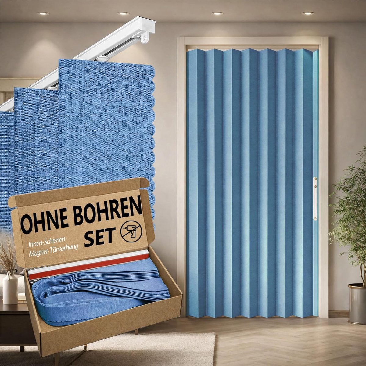 100% ondoorzichtig deurgordijn – opvouwbare acordeon-stijl met magneetsluiting, kleefmontage zonder boren, incl. plakstrip, verduistering en windscherm, blauw, H 201 x B 135 cm