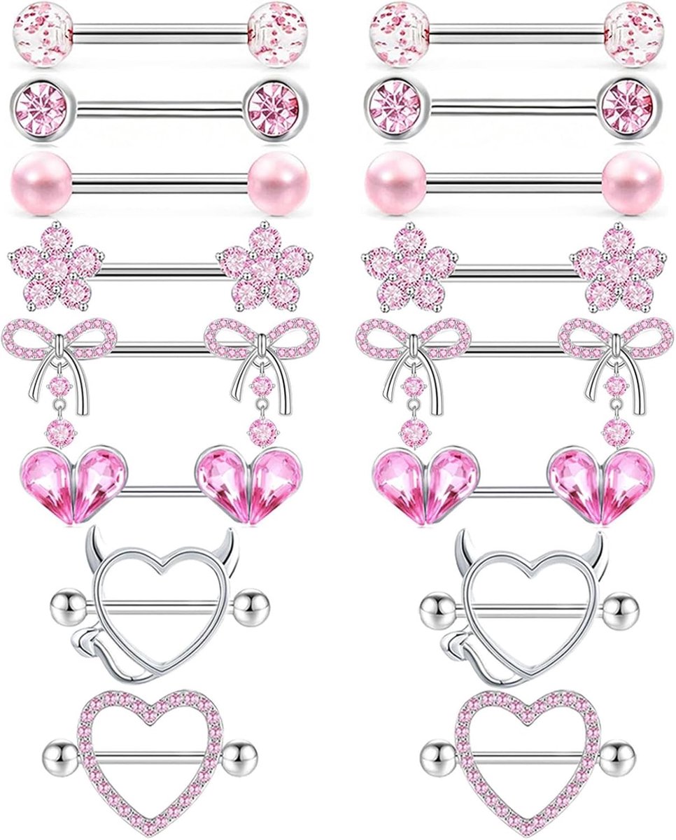 18 stuks tepelpiercing, chirurgisch staal, barbells, piercingsieraden, roestvrij staal, tongpiercing (roze)