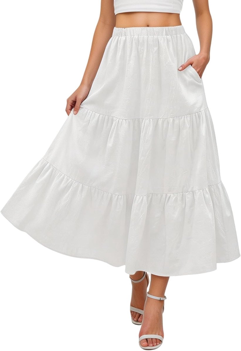 Rok voor dames, lange rok met hoge taille, zomer, maxirok, A-lijn, rok, elegant, casual, elastische vrijetijdsrok met zakken, strandrok