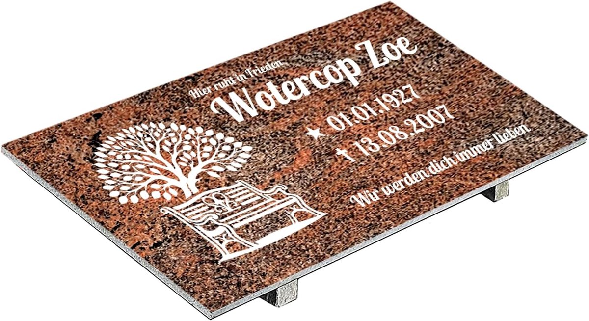 Grabplatte mit Inschrift aus Granit Multicolor Rot, personalisierbar Gedenktafel für Urnengrab, Wählmotiv, Grabstein für 1-2 Pers., Urnengrabstein (Multicolor Rot, 30x60cm mit Stützen, Bank)