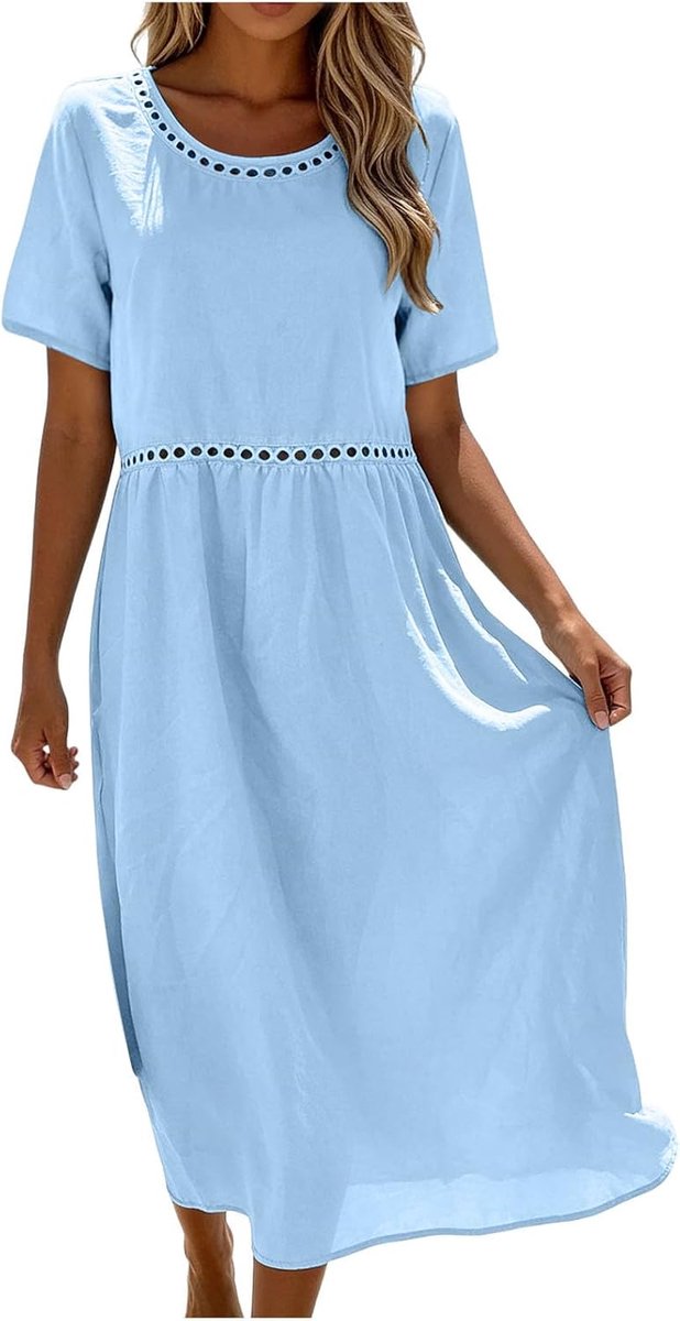 Generisch Damens einfarbiges Maxikleid locker fallend fließend großzügig mit V-Ausschnitt und Kurzärmeln, langes Urlaubskleid für Strand, Urlaub, Fest, Abendveranstaltung und Reise