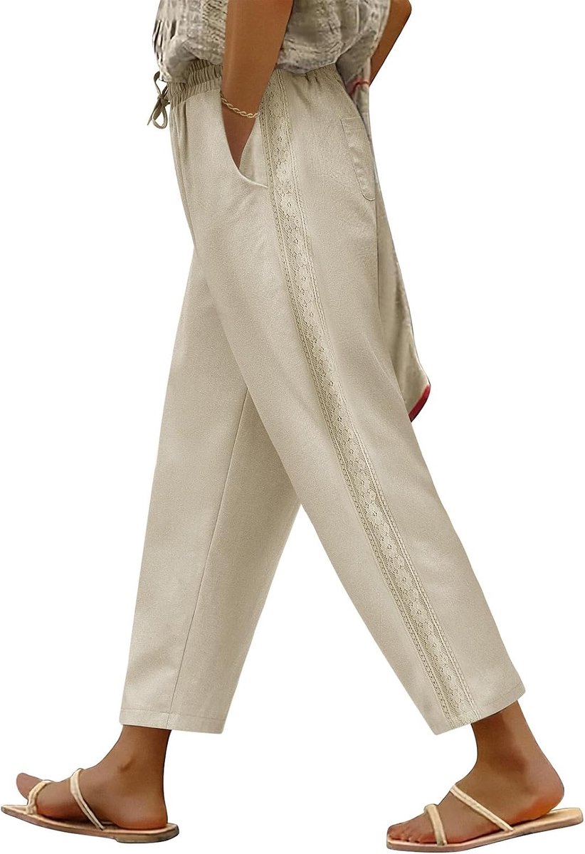 Zomer wijde pijpen bijgesneden broek katoen casual dames elegante elastische taille broek met zakken trekkoord voor strandvakantie dagelijks
