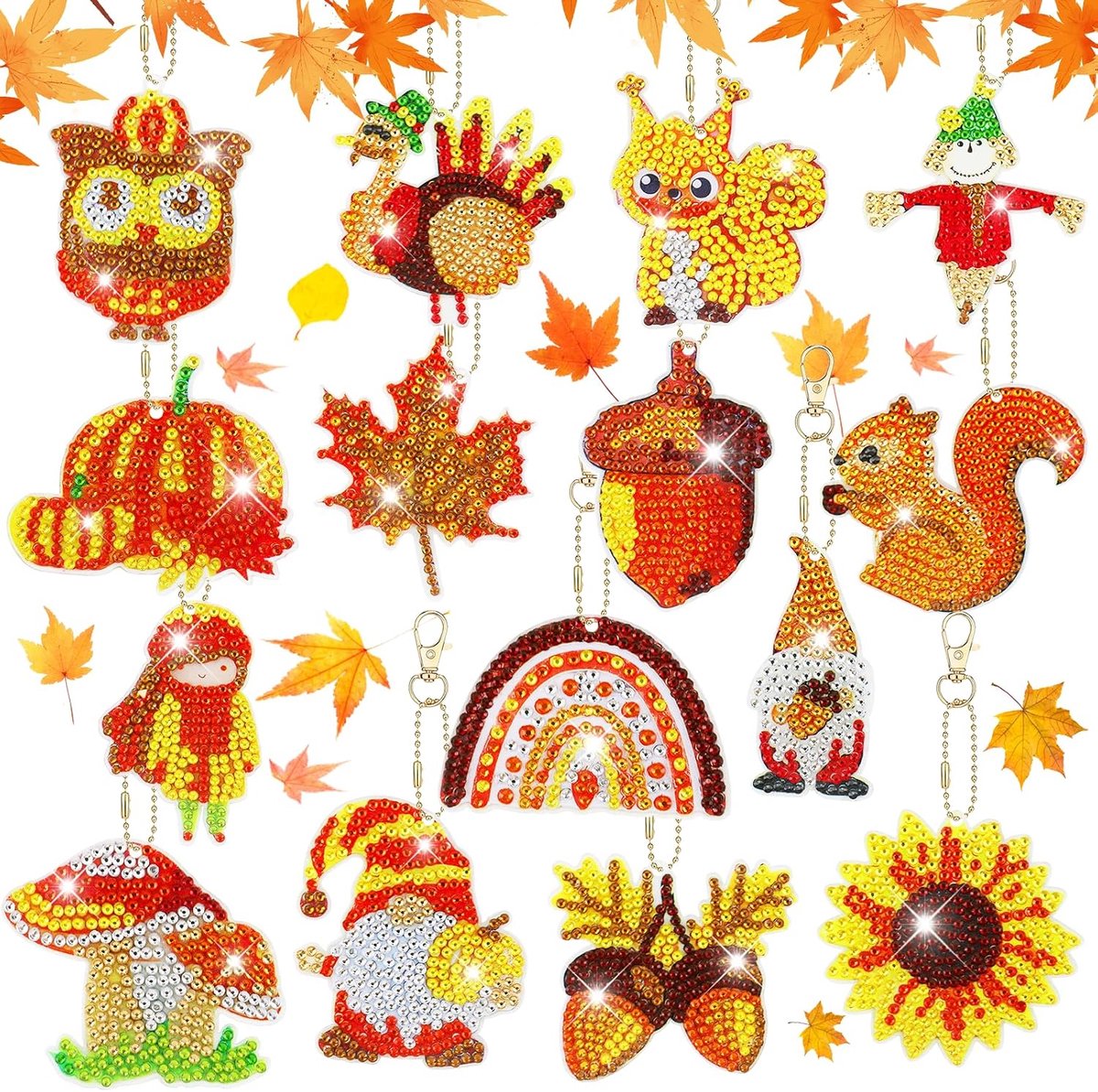 Diamond Painting Sleutelhanger voor volwassenen en kinderen, 15 stuks 5D herfstkabouter, diamantschilderij, dubbelzijdige diamantschilderset, oogstfeest, Halloween, hangend decoratie, cadeau