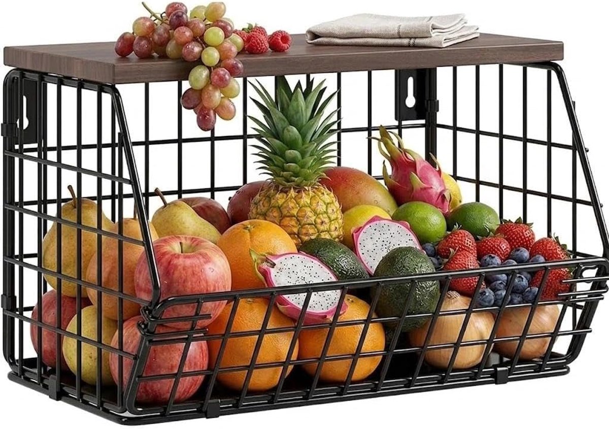 Hangende fruitschaal, hangmanden, keuken, keukenmanden, opbergwand, stapelbaar, metalen groentemand, met houten deksel en schroeven, voor het bewaren van groenten, fruit en snacks (zwart)