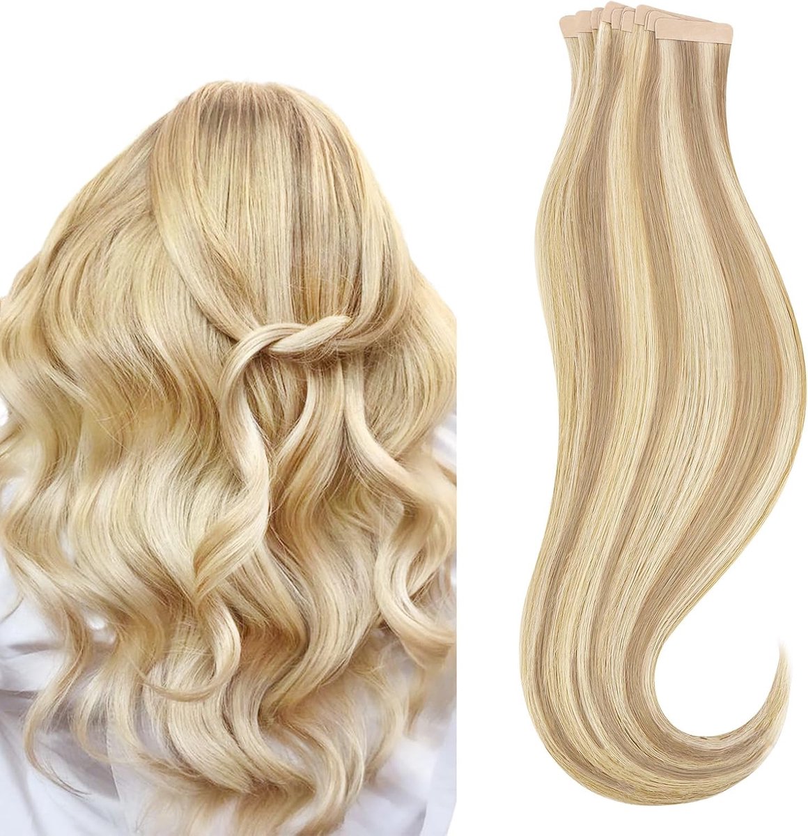Haarextensies, lichtblond highlights goudblond tape-in haarextensies, echt mensenhaar, natuurlijk recht, Remy echt haar, 60 cm, 50 g, 20 stuks