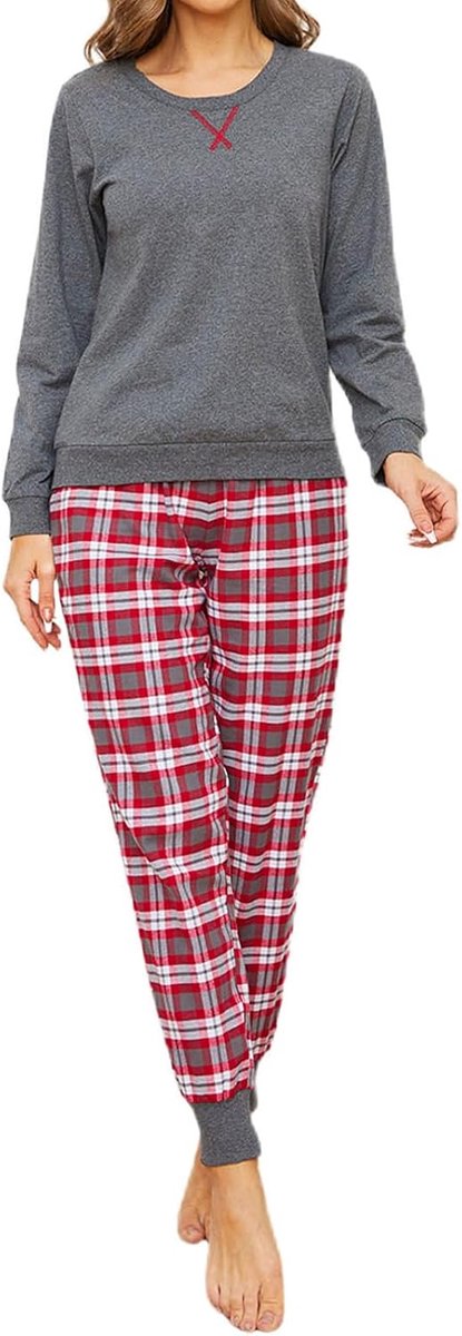 Pyjama dames 100% katoen comfortabele pyjama dames katoen met ruitpatroon
