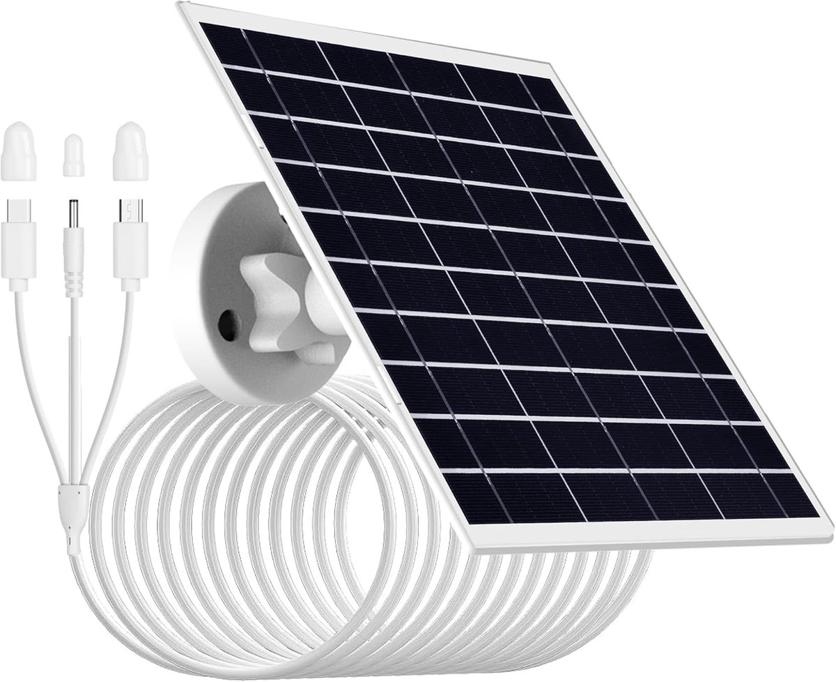 9W/5V zonnepaneel, geschikt voor beveiligingscamera's,met een 13-voet drie in één oplaadkabel(micro USB,Type-C en DC3.5x1.35),IP66 waterdicht,compatibel met low-power batterij camera's op de markt