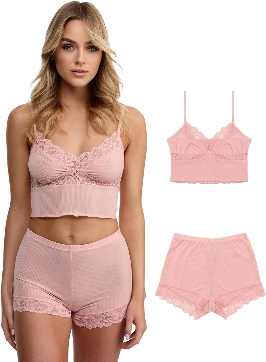 Dames nachtkleding set (2-delig) onderhemd en panty, kanten details, RIPP-look F921