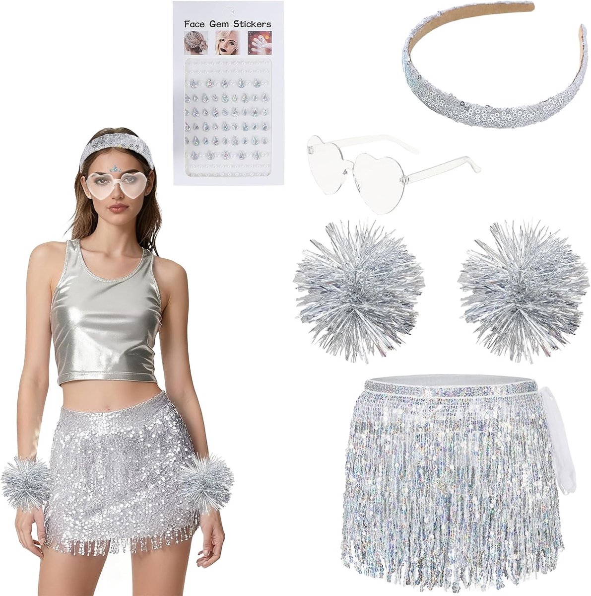 Rok met Pailletten voor Dames – Zilveren Minirok met Zijknop, Perfect voor Feest en Carnaval, One Size, Inclusief Accessoires, Glitters en Diamanten Stickers