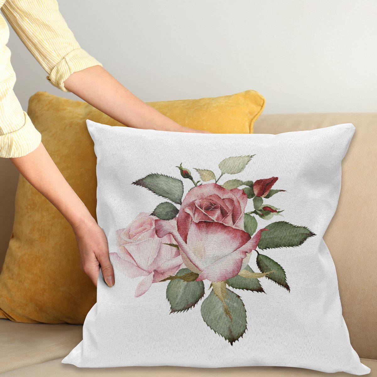 ABAKUHAUS Bloem Sierkussenhoes, Shabby Vorm Romantisch Ontwerp met Big Roses en Bladeren Buds Hand Gekleurd Afbeelding, Decoratieve Vierkante Sierkussenhoes, 60 x 60 cm, Roze Rood