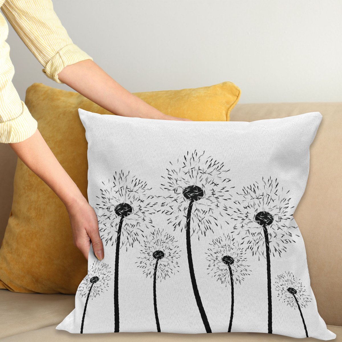 ABAKUHAUS Paardenbloem Sierkussenhoes, Monochroom Blow Ball Bloem Bouquet Lente Natuur Compositie, Decoratieve Vierkante Sierkussenhoes, 50 x 50 cm, Grijs Wit