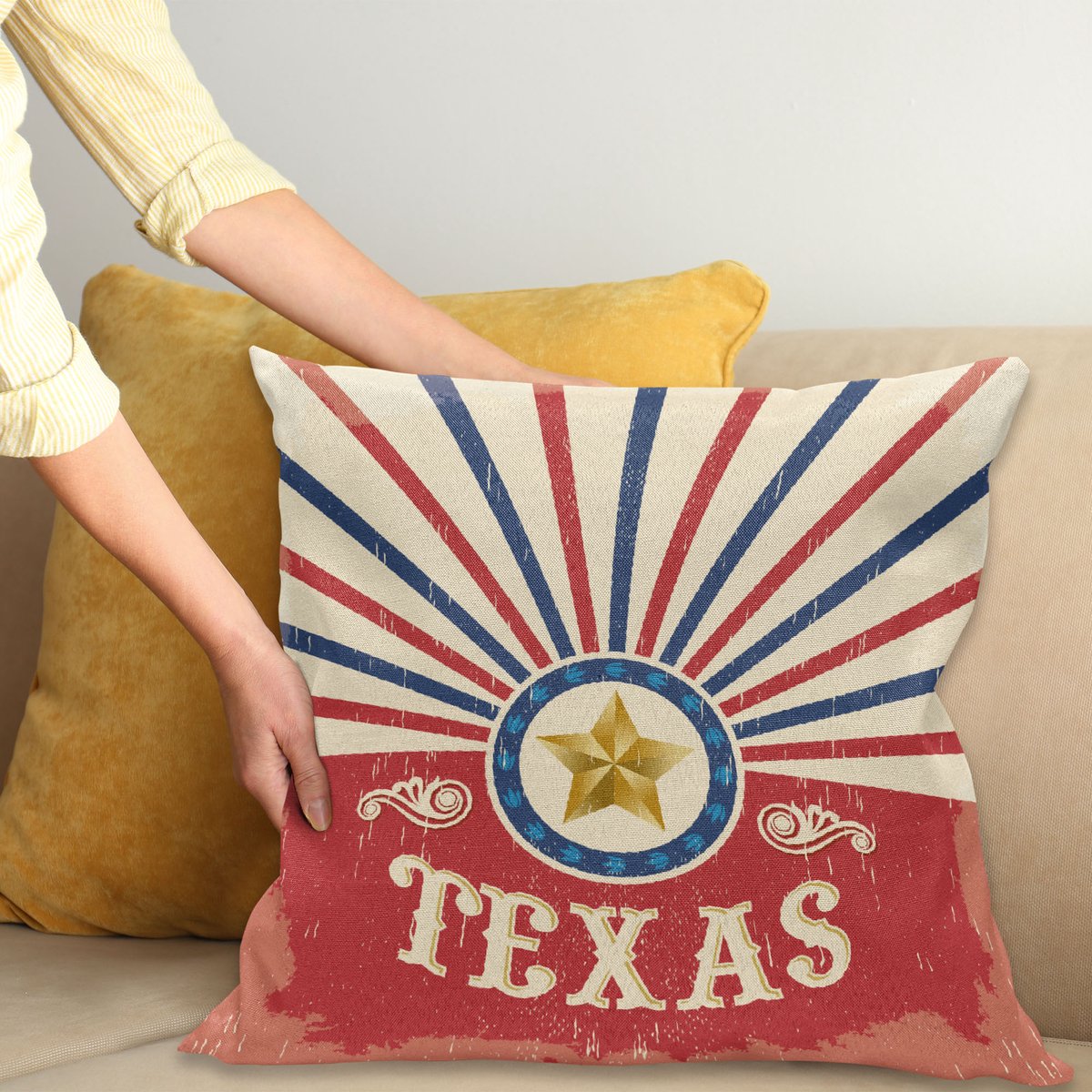 ABAKUHAUS Texas Sierkussenhoes, Texas Vintage Western Cowboy Stijl Sunburst en Ster met Grunge Effecten, Decoratieve Vierkante Sierkussenhoes, 45 x 45 cm, Marineblauw Blauw