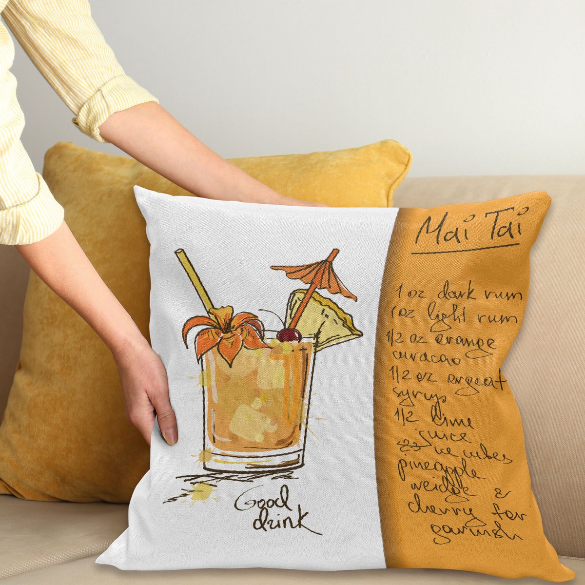 ABAKUHAUS Tiki Bar Sierkussenhoes, Hand Getekend Stijl Mai Tai Cocktail in een Glass en de Recipe Hawaiian Drink, Decoratieve Vierkante Sierkussenhoes, 40 x 40 cm, Oranje Wit