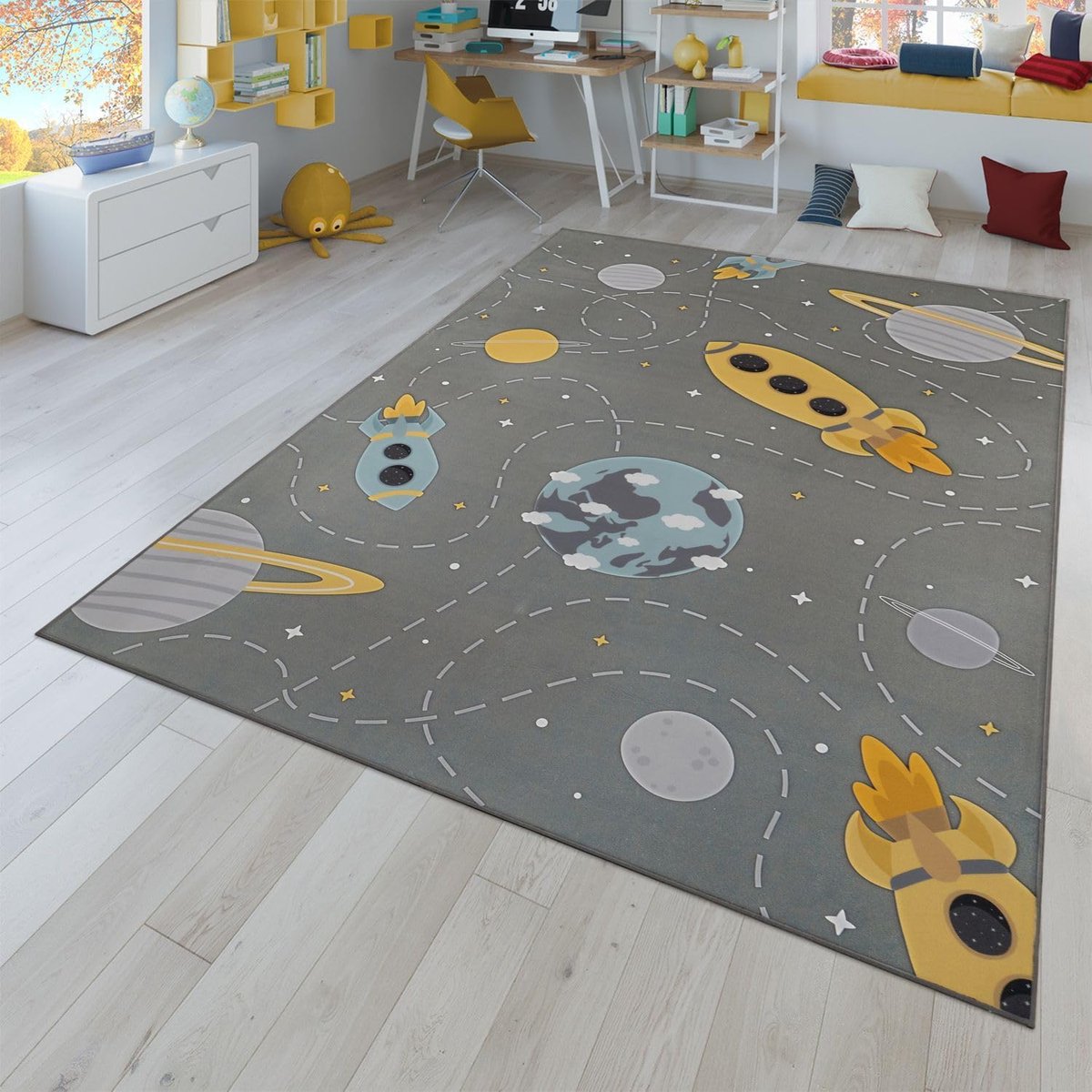 Home Vloerkleed Kinderkamer Meisjes Jongens Antislip Dierlijk Motief Autos, Kleur:Grijs Blauw Geel, Maat:200x290 cm