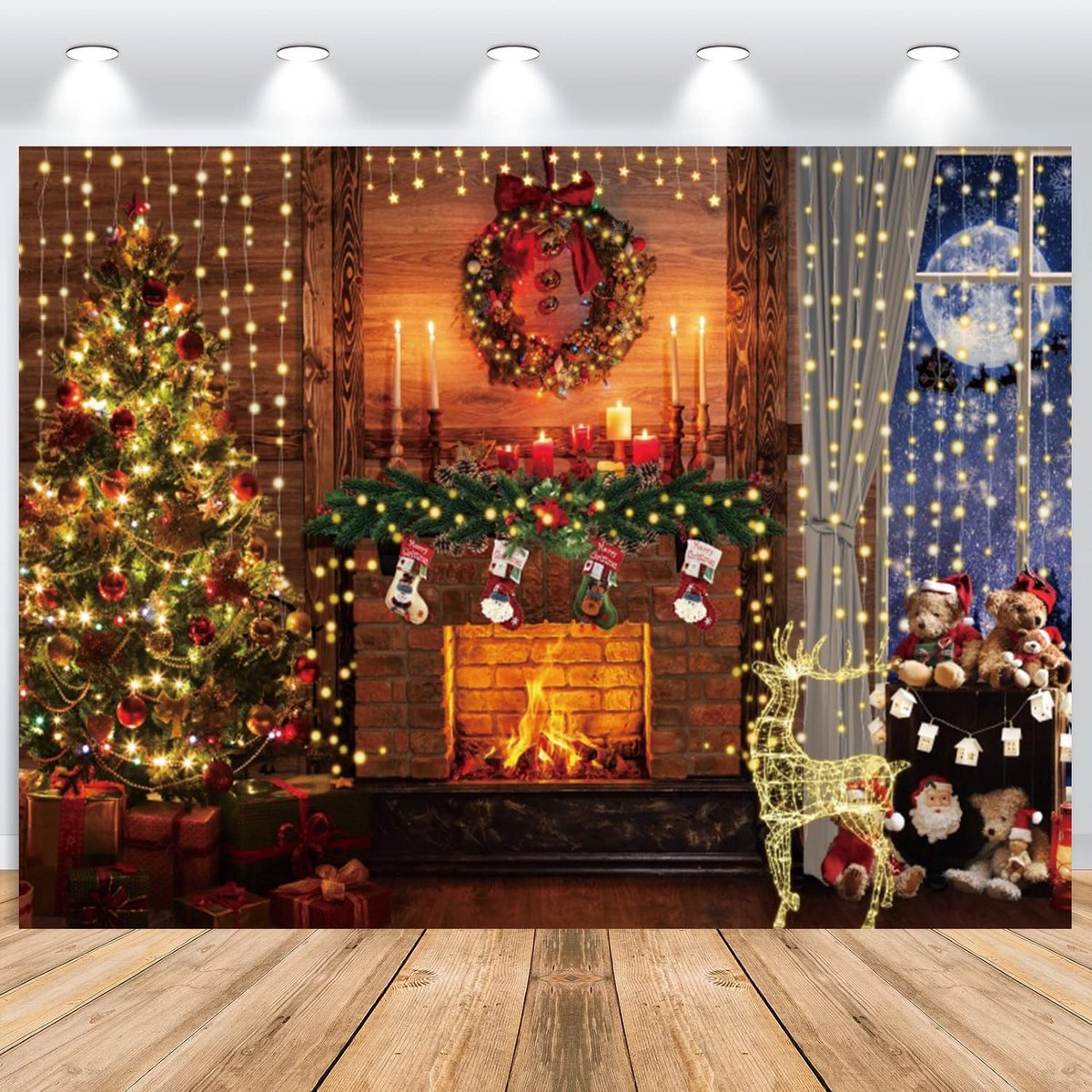 3 x 2,5 m, open haard boom sokken geschenk glitter kerstboom eland herten foto achtergrond, vinyl familiefeest feest muur ornamenten fotografie achtergrond banner