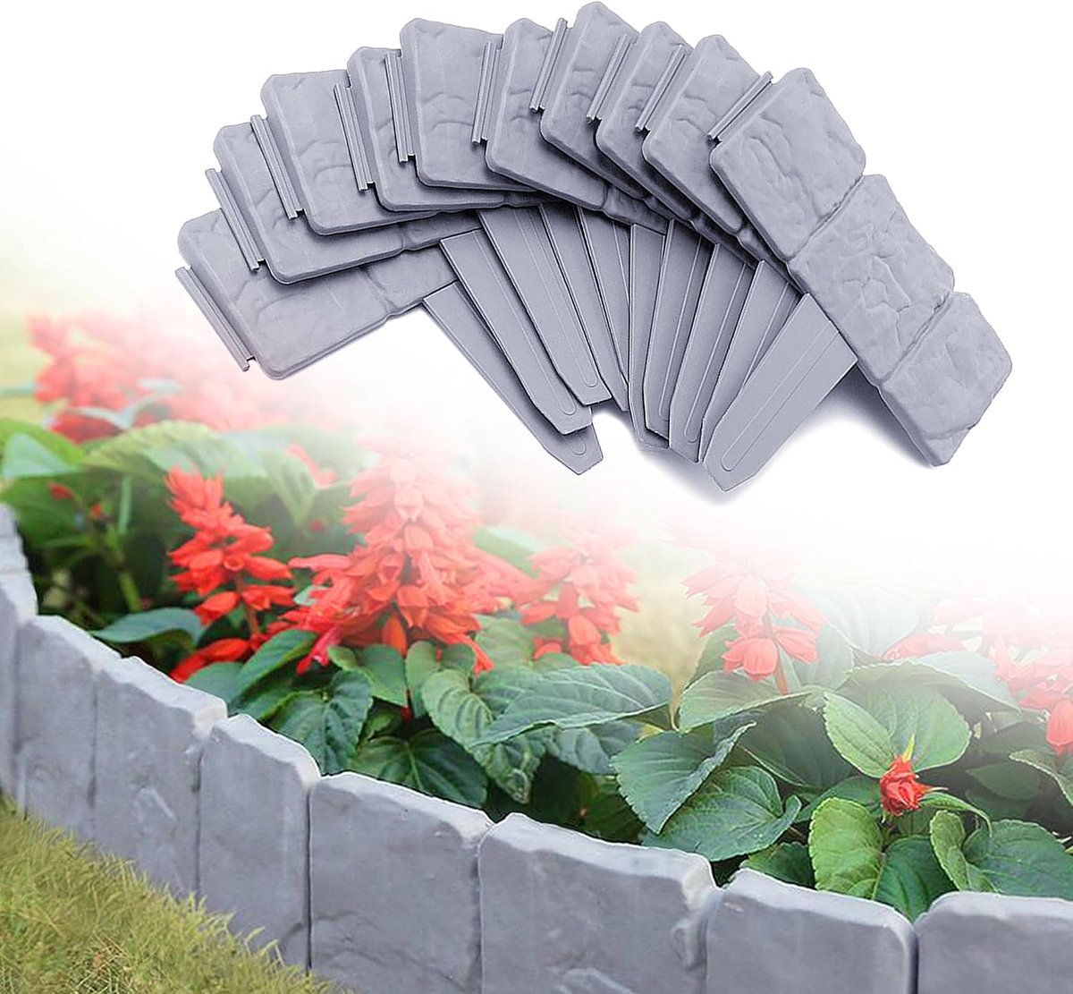 5 m, 20 stuks, gazonrand, kunststof bloembedomranding, maairand, grondpen, bloembed, ideaal voor tuin, terras, balkon, grijs