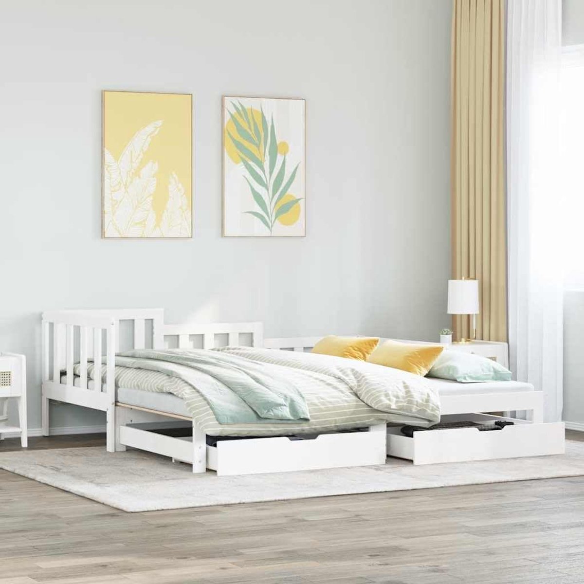Grenenhouten 2 in 1 slaapbank met uitschuifbaar bed wit 90x190 cm