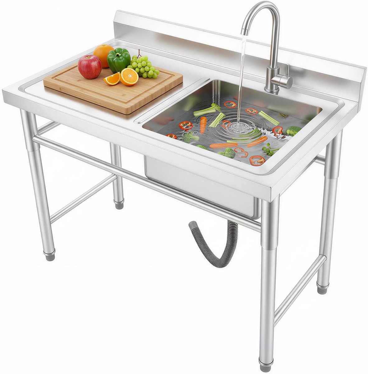 Stalen spoelbak, commercieel 100 x 60 cm, vrijstaand, grote commerciële spoelbak met kraan, 1 wastafel en versterkte poten voor restaurant, horeca, laboratorium