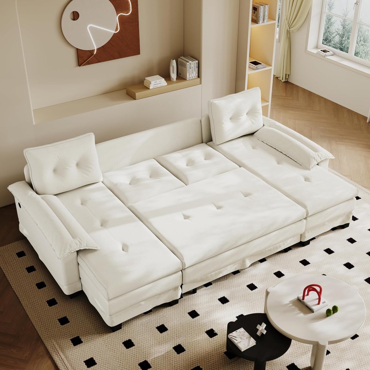 278 cm U-vormige slaapbank met slaapfunctie, uittrekbaar woonlandschap, modulaire chenillebank met afneembare armleuningen en 4 kussens, moderne woonkamerbank, beige (beige, 5-zits)
