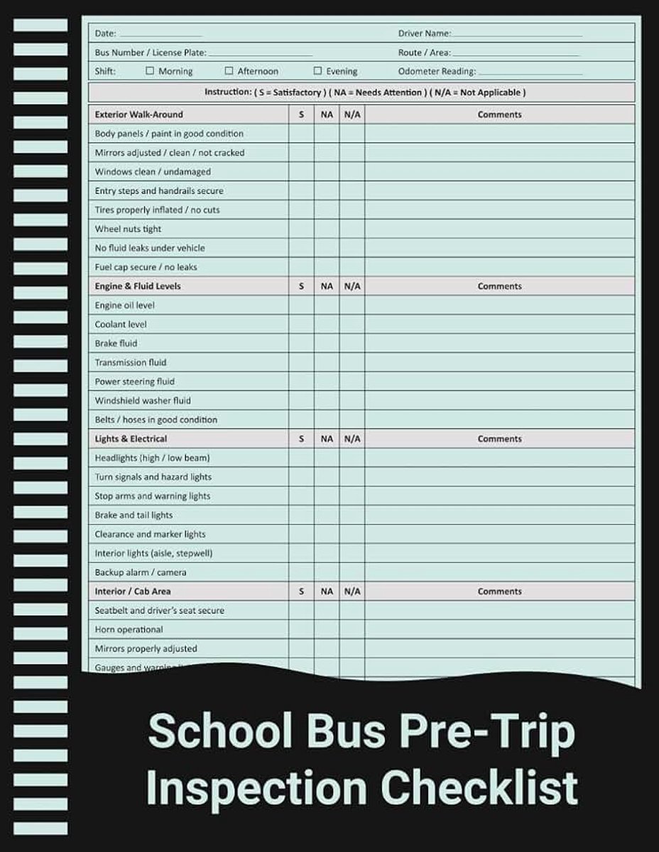 Bus Pre-Trip Inspection Checklist: Daily Safety & Vehicle Inspection Record for School Bus Drivers and Transportation Departments.