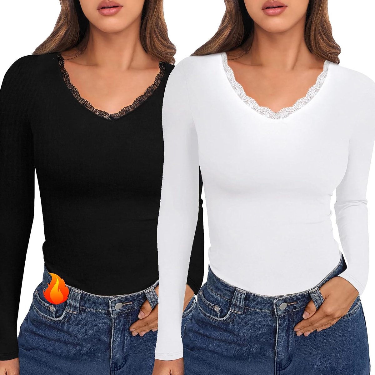 Thermische tops voor dames, lange mouwen, kant, V-hals, basislaag