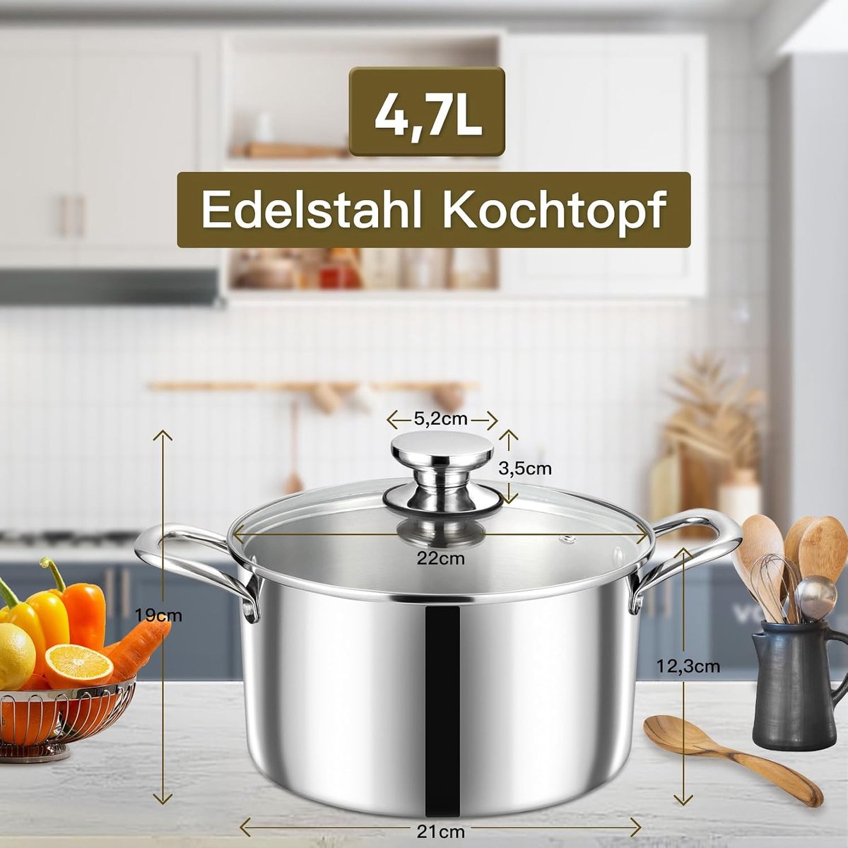 Kookpan, 3-laags roestvrij stalen pan, inductie, 5 l kookpannen, pastoepan met glazen deksel voor alle warmtebronnen, gezond en vaatwasmachinebestendig - 22 cm
