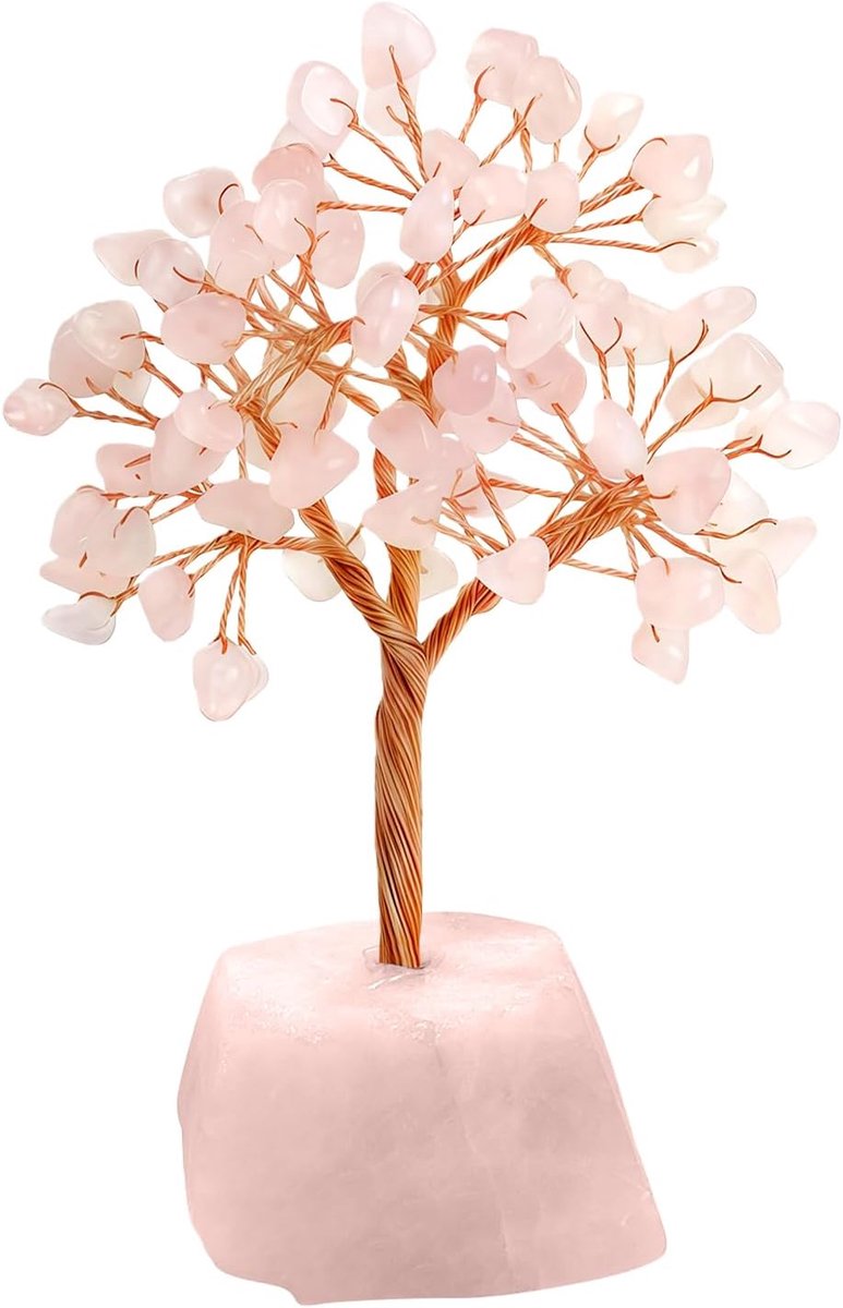 Levensboom - Handgemaakte roze edelsteen decoratie voor bureau of kantoor, inspirerend sculpturaal cadeau voor haar