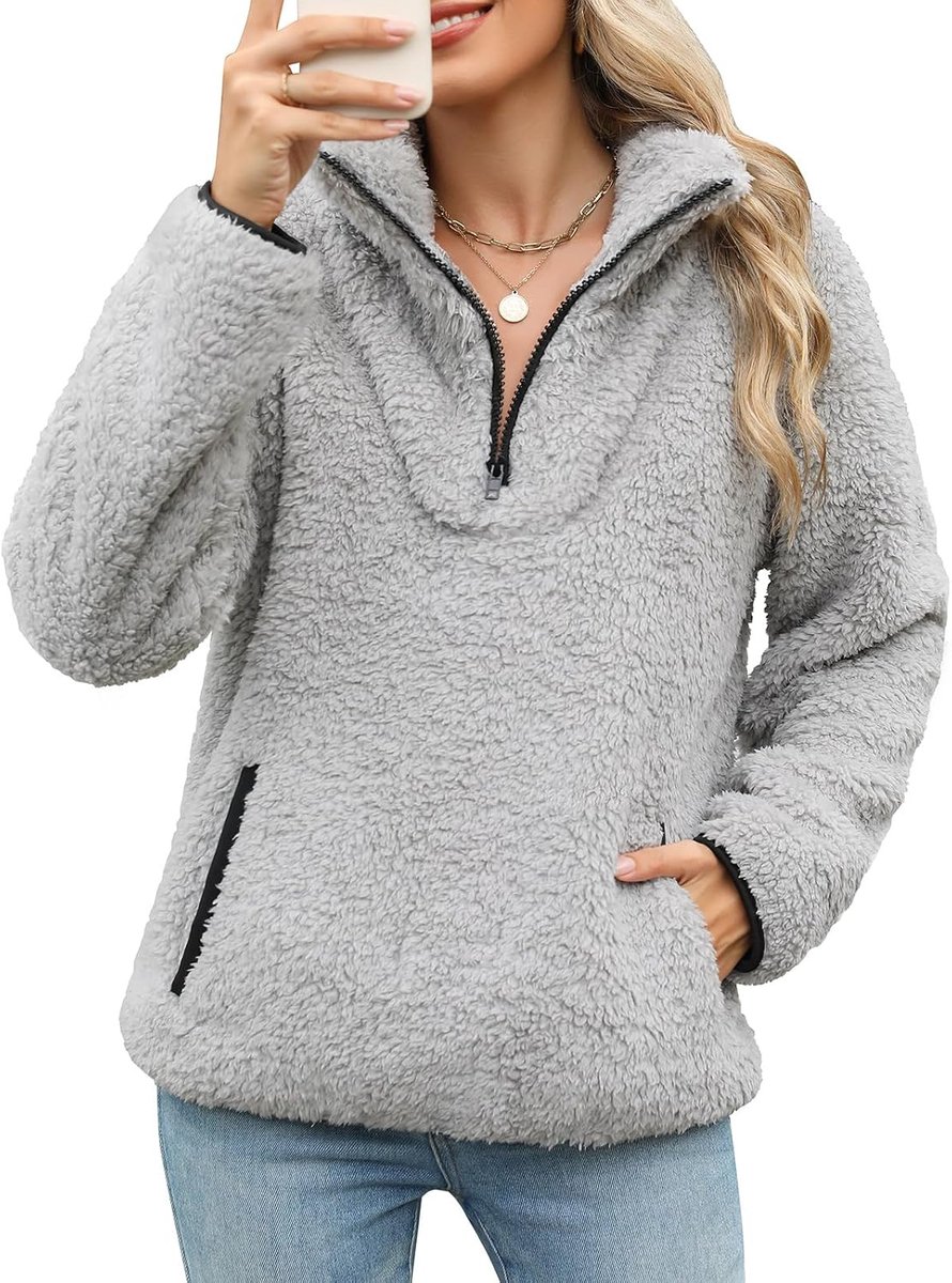 Fleecetrui voor dames, halve rits, sweatshirt met opstaande kraag, hoodies, pluizige jas, lange mouwen, casual wintertops, warme trui van teddyfleece met ritssluiting, outwear trui met zakken