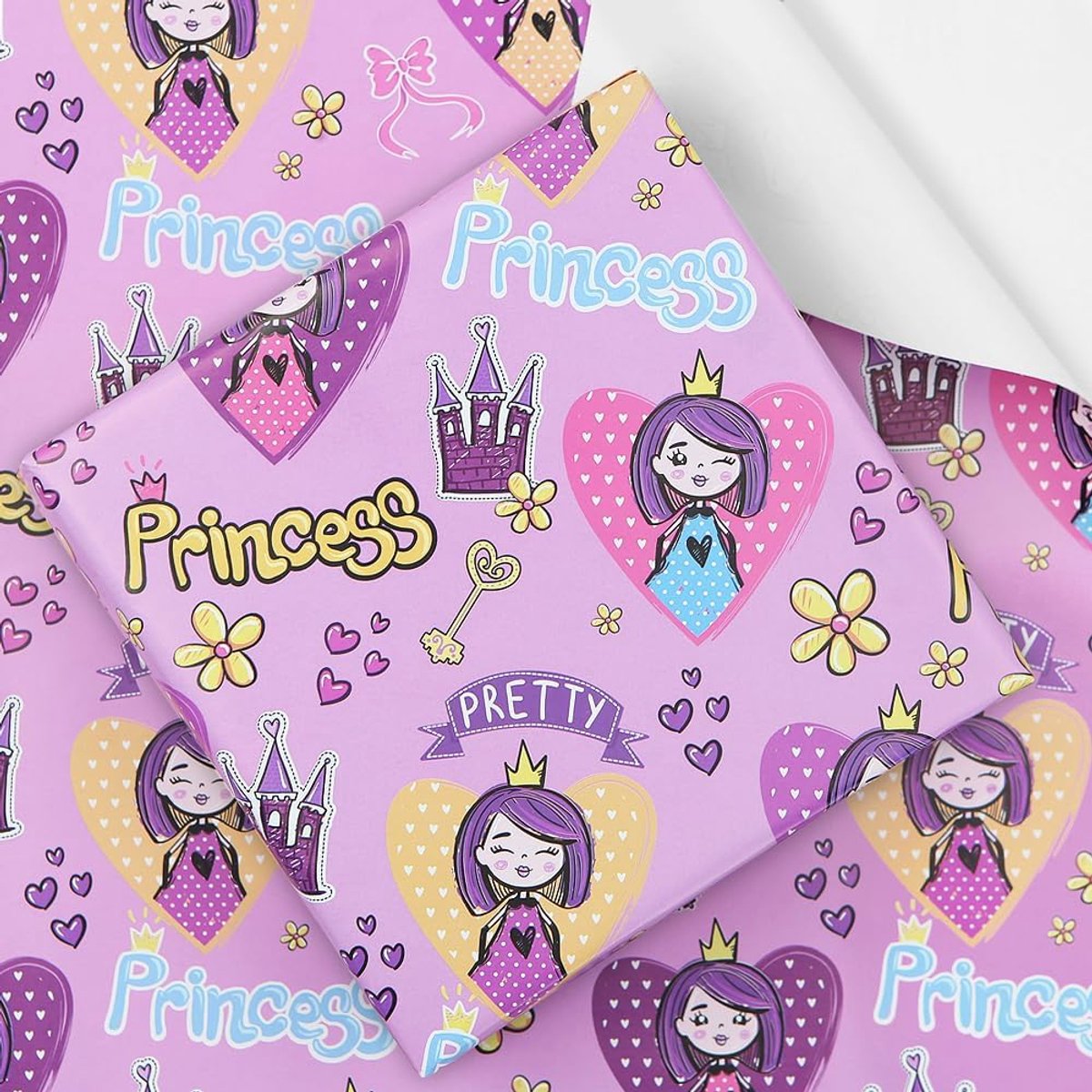 Cadeaupapier voor meisjes kinderen baby kind, mooi roze prinses kasteel thema cadeaupapier voor verjaardag babyparty met roze strik 4 vellen plat gevouwen
