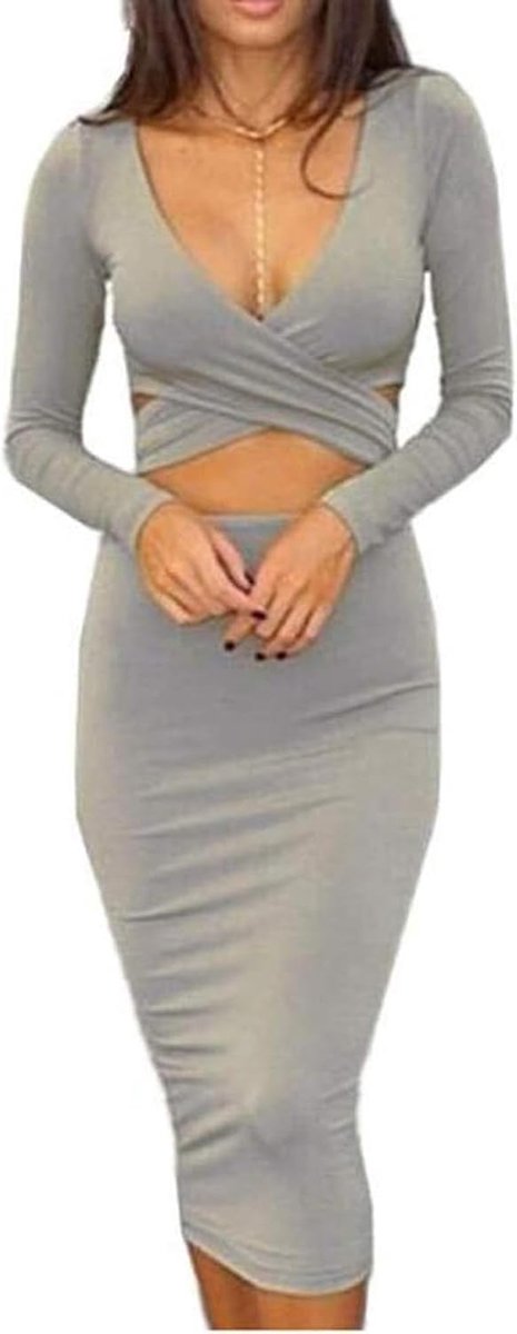 Jurk met V-hals, lange mouwen, bodyconjurk, nauwsluitende jurk, knielang