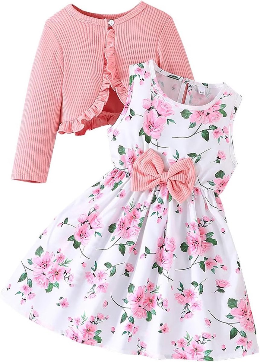 Meisjesjurk met lange mouwen, gebreide jas, kinderzomerjurk, bloemen, A-lijn, feestjurken voor 2-8 jaar