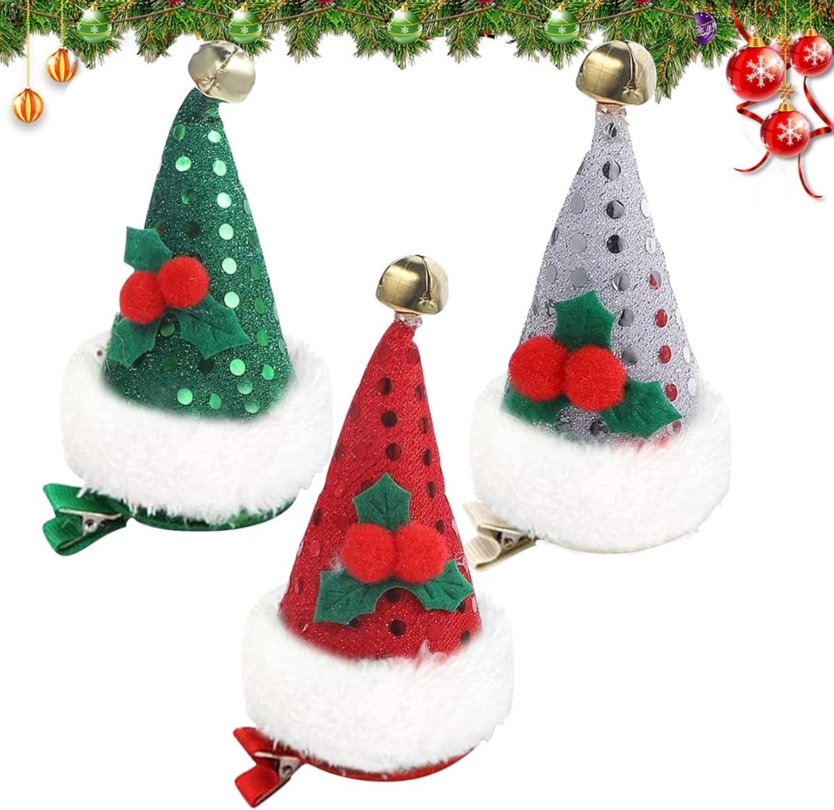 Haarspeld voor Kerstmis, 3 stuks, mini-kerstmuts, haarspeld, glitter, kerstmuts, haaraccessoires, voor meisjes en dames