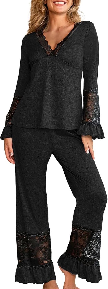 Damespyjama met lange mouwen, met kant, lange pyjamaset, ruches, T-shirt en broek, tweedelig, zacht, elegant voor herfst en lente