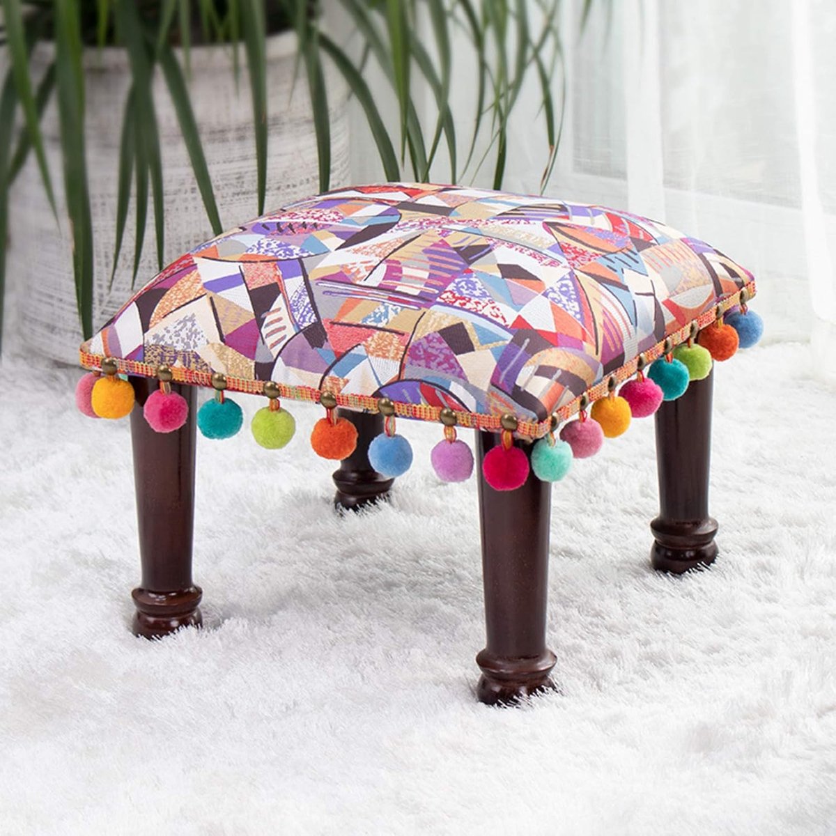 Bandezid Bohemen Ottomaanse Ottomaan, Bank Vierkante Voetbank, Stof Lage Kruk Ottomanen Bank Met 4 Houten Benen Amerikaanse Poef Voor Woonkamer Woondecoratie-Apricot 38x38x30cm (15x15x12inch)