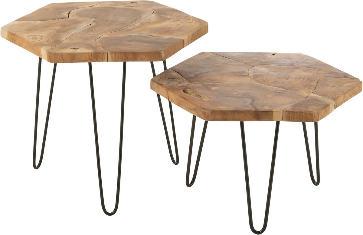Set van 2 bijzettafels zeshoekig teck hout/metaal naturel