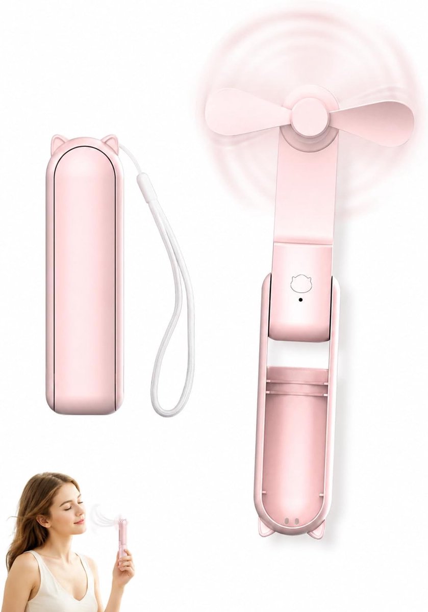 Handventilator, 1 x roze, kindveilige handgreep en stille motor, compact vouwontwerp voor stressvrije zomertochten en reizen