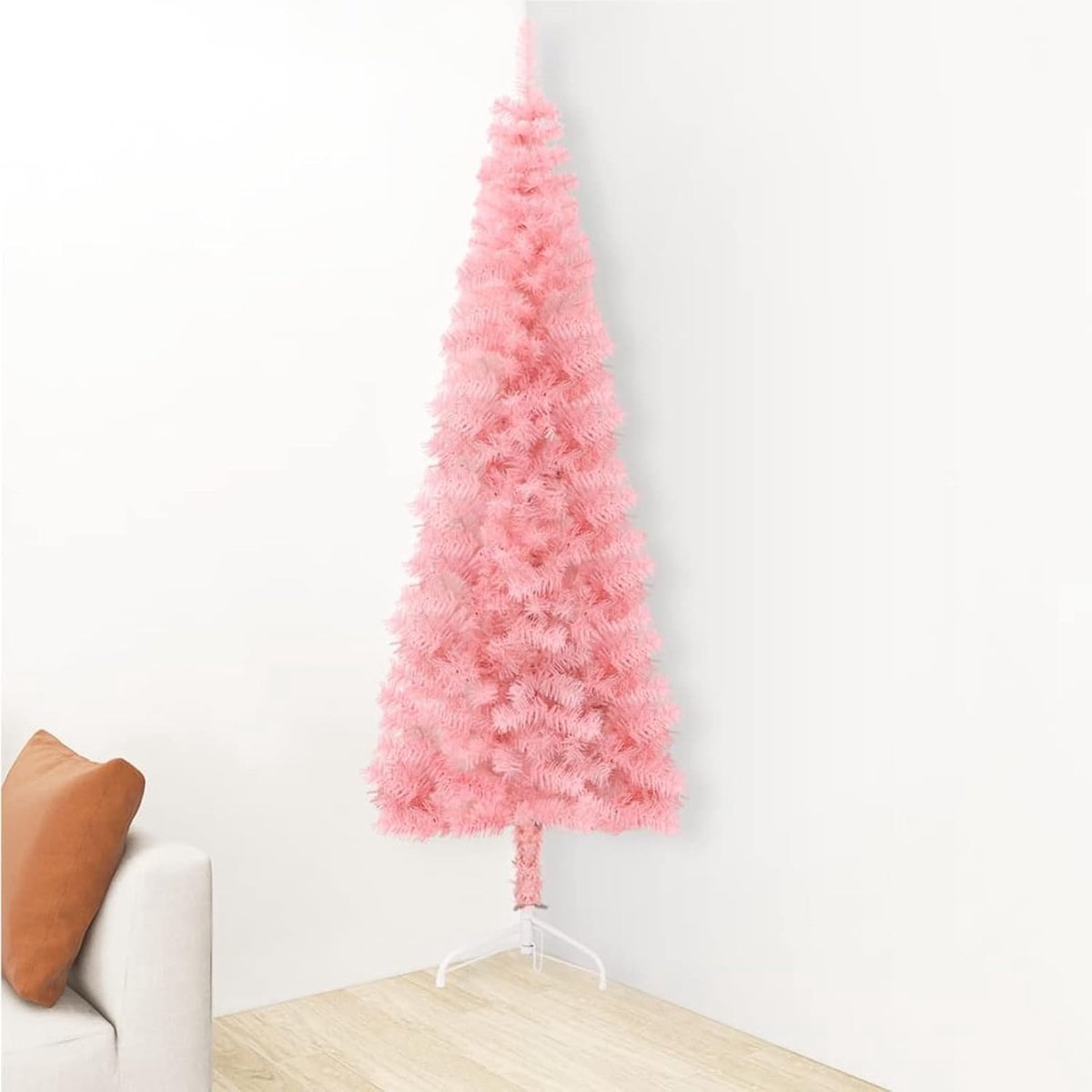 Kunstkerstboom in de helft dun, roze standaard, 210 cm, kunstkerstboom met standaard, halve kerstboom voor de muur, de helft van een normale boom, half rond