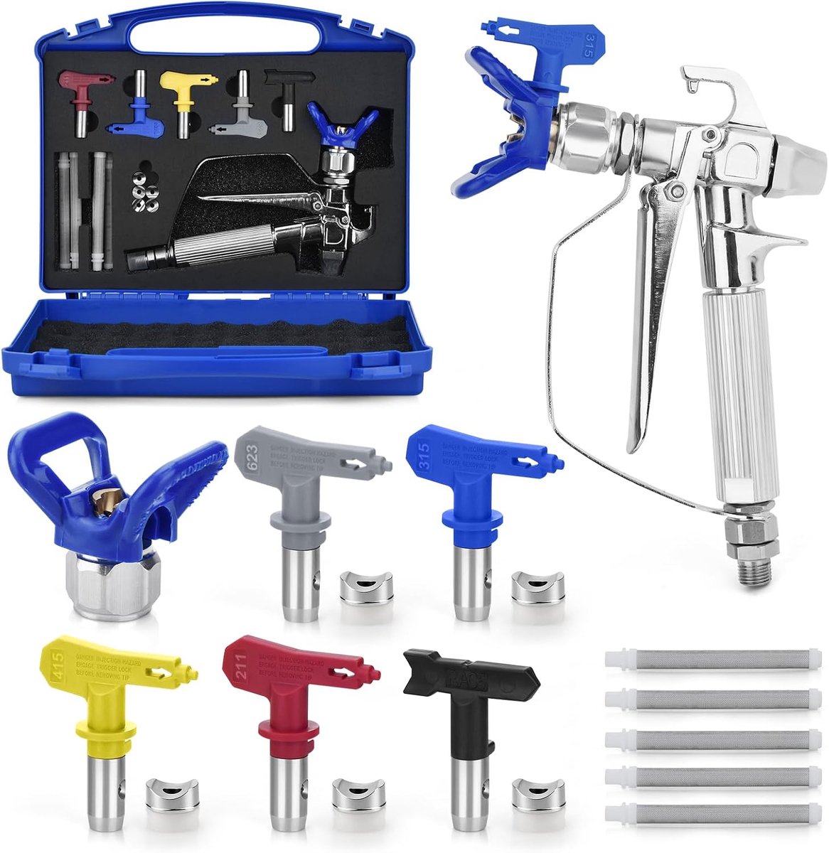 spuitpistool, 3600 psi, Airless Top spuitpistool met sproeikopbescherming en 5 omkeerbare sproeikoppen, 5 filters en behuizing (211, 315, 415, 517, 623)