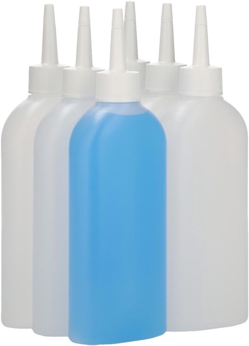 6 x 250 ml Platte fles HDPE naturel + doseer tuitdop knijpbaar wit - BPA Vrij - Niet Breekbaar - Plastic Flesjes Navulbaar - Met Dop - Lege Flessen - 6 stuks.