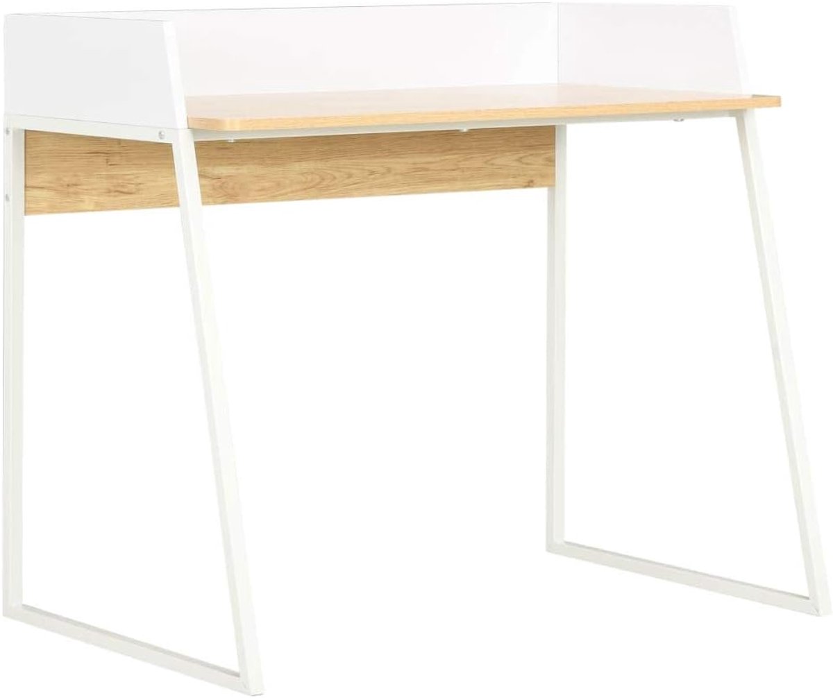 Bureau, computertafel, bureautafel, werktafel met U-vormige poten, wit en eiken, 90 x 60 x 88 cm