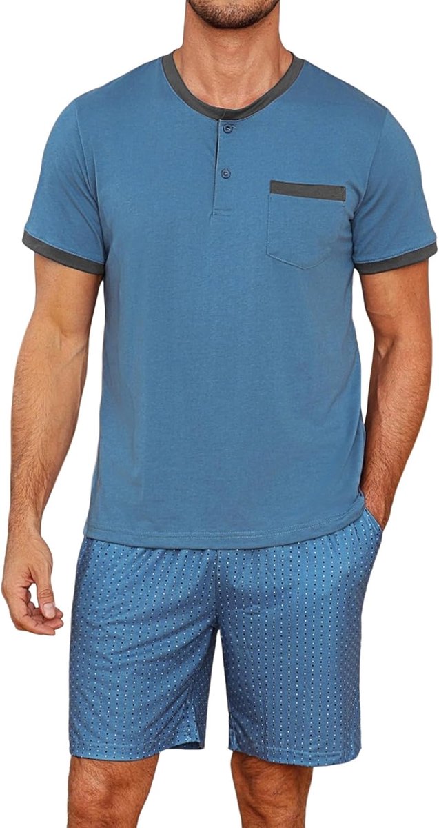 Pyjama heren korte pyjama heren zomer ronde hals pyjama voor heren knoop pyjama jongens nachtkleding mannen korte mouwen stippenpatroon