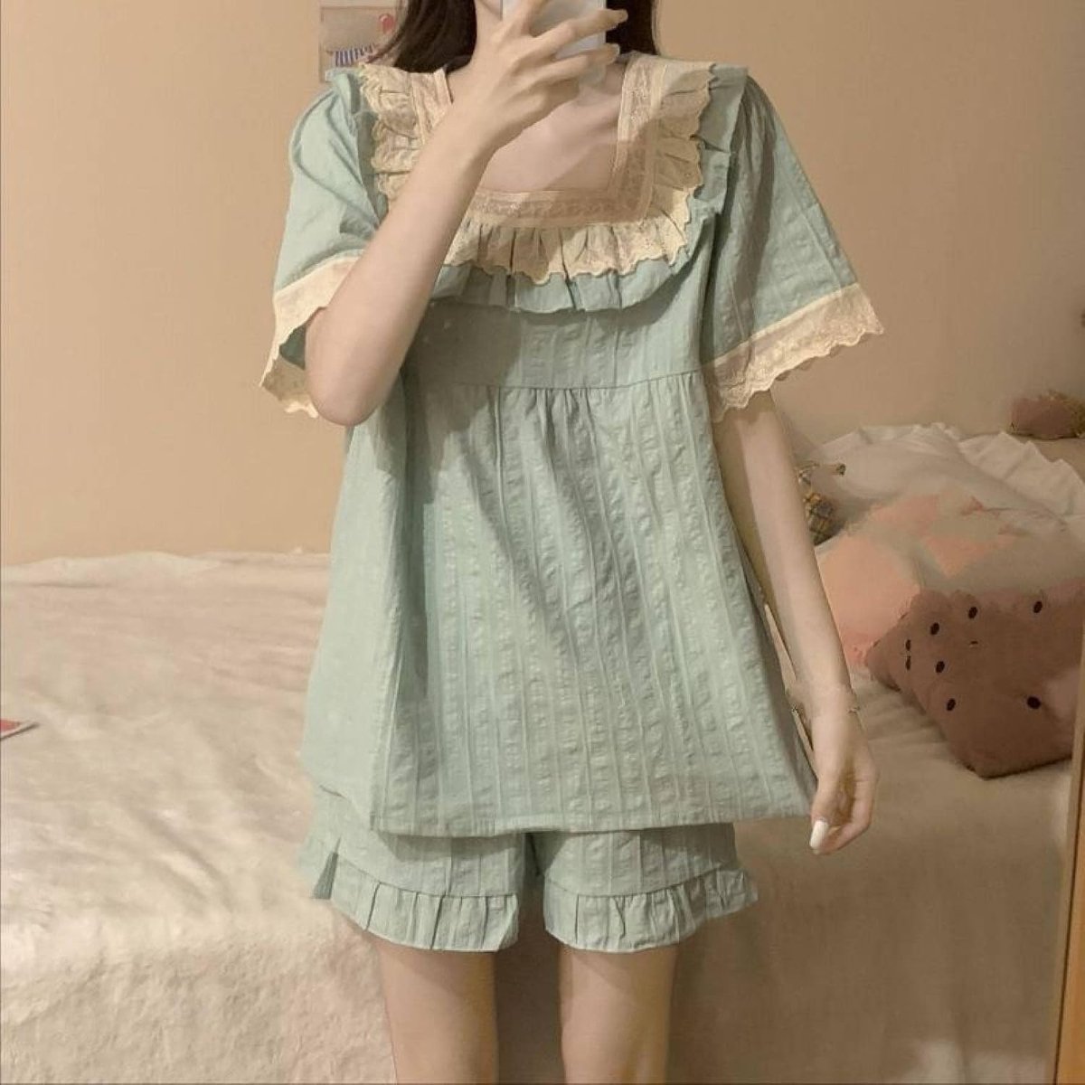 Suit Katoenen Pyjama Voor Dames - Dames Zoete Kanten Vierkante Kraag Katoen En Linnen Prinsessenstijl Kleine En Frisse Nachtkleding,Lentemode Sexy Zachte Nachtkleding Loungewear,Groen,One Size
